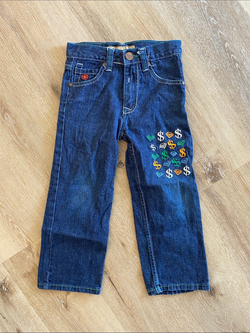NBN Gear Dark Wash Blue Denim Jeans Multicolor Money & Diamond Embroidery 💎